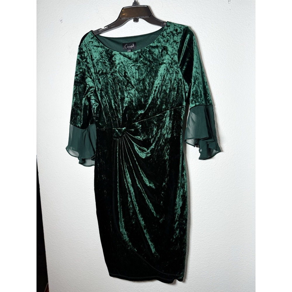 Connected Apparel Velvet Green Ruched Dress Size 4 Bell Sheer Sleeve‎ Holiday